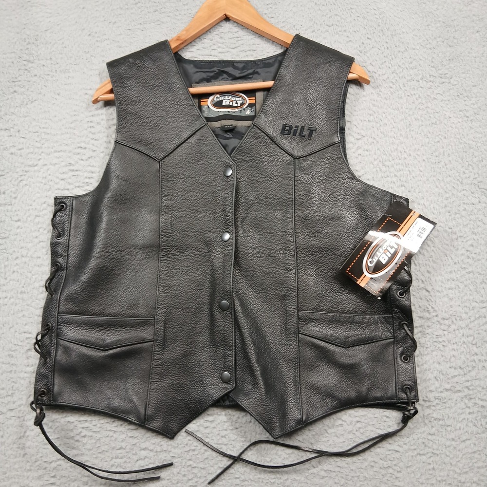 Custom BILT Men's Leather Motorcycle Vest 2XL Black‎ Genuine Leather Lace-Up NWT